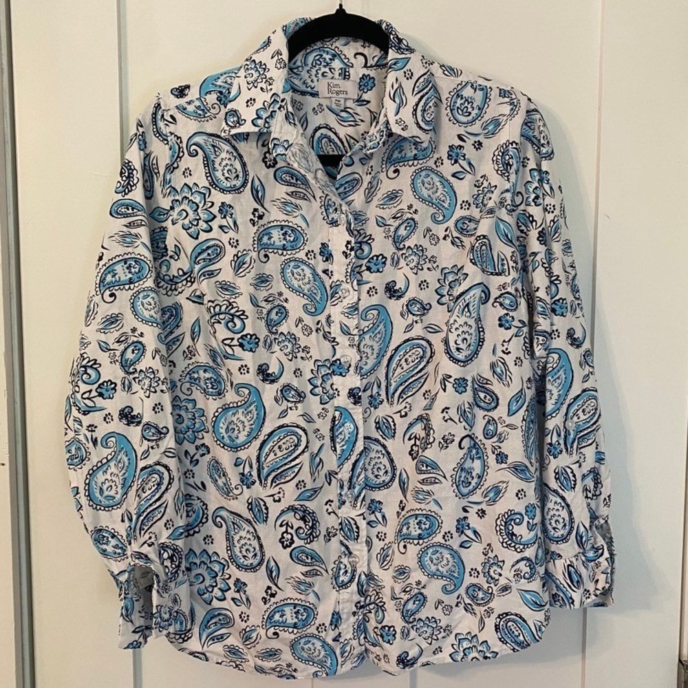 Blue Paisley Floral Linen Blend Roll Tab Sleeve Button Up Shirt Petite Medium PM